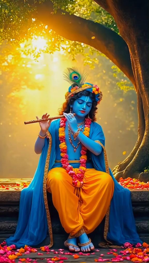 Krishna playing flute in a forest