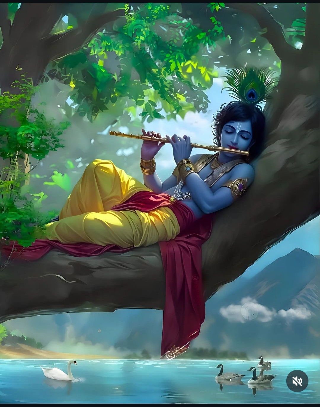 Krishna playing flute in serene forest