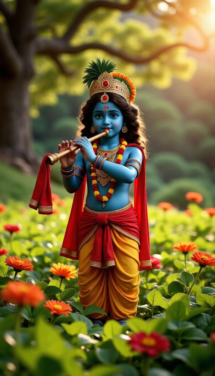 Young Krishna playing a flute in garden