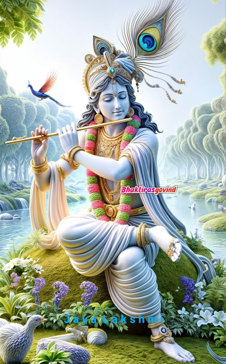 Krishna playing flute in forest scene