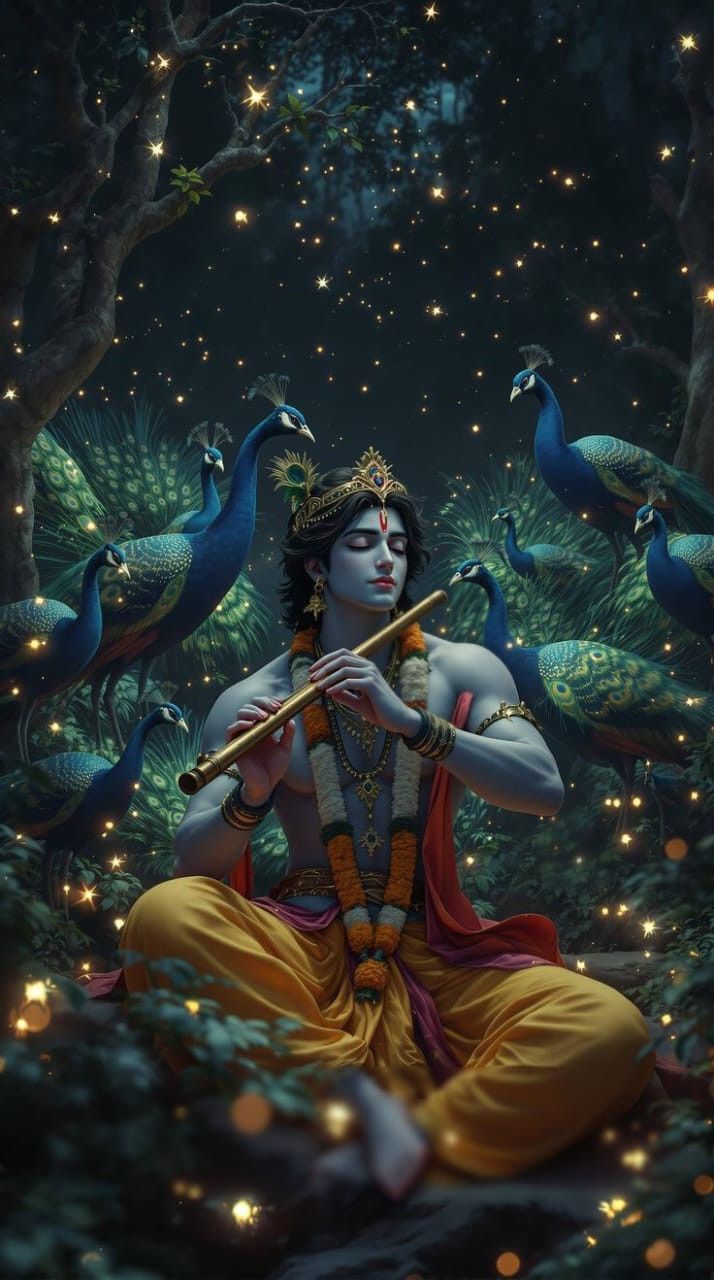 Krishna playing flute in forest