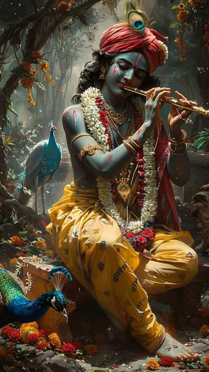Krishna playing flute in forest