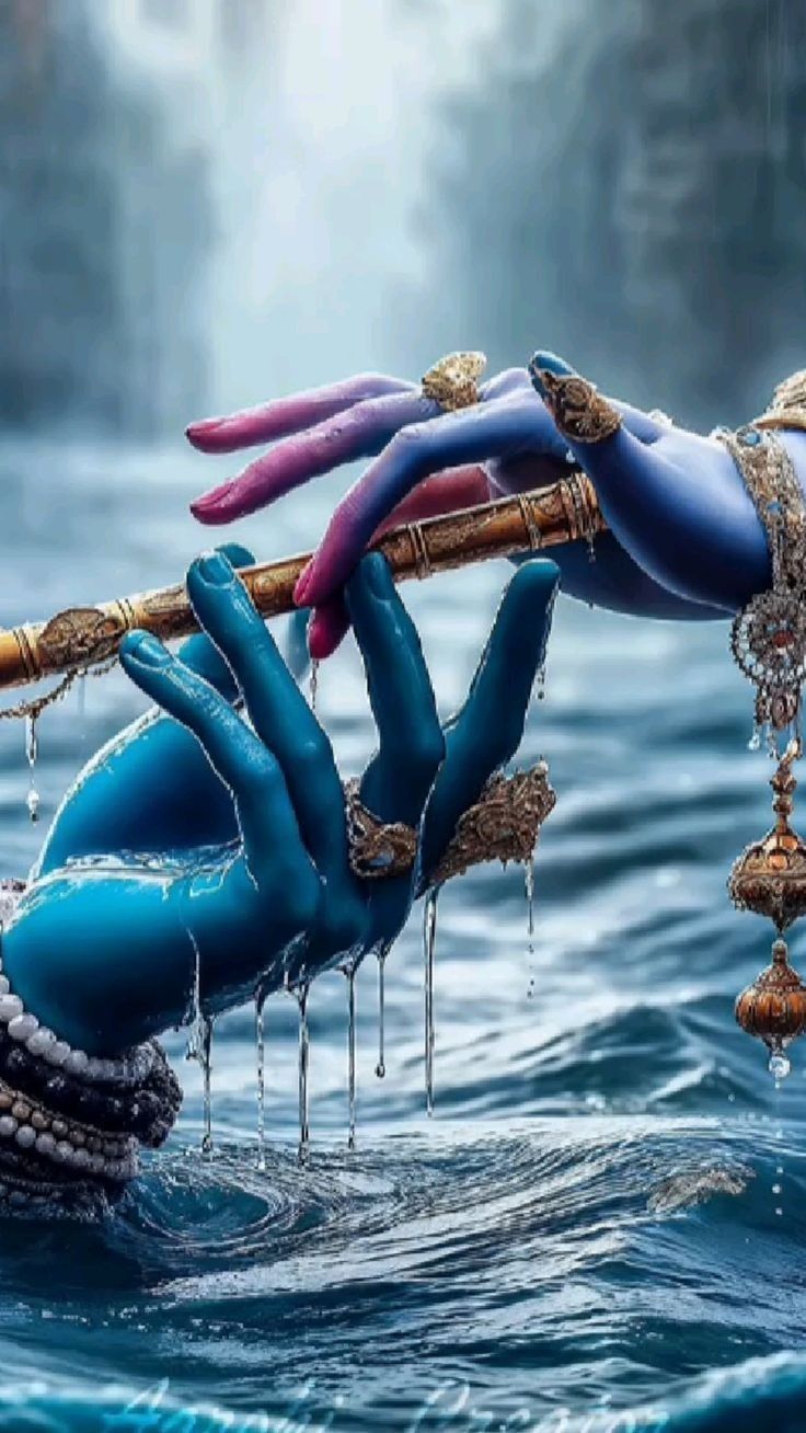 Krishna playing the flute amidst ocean waves