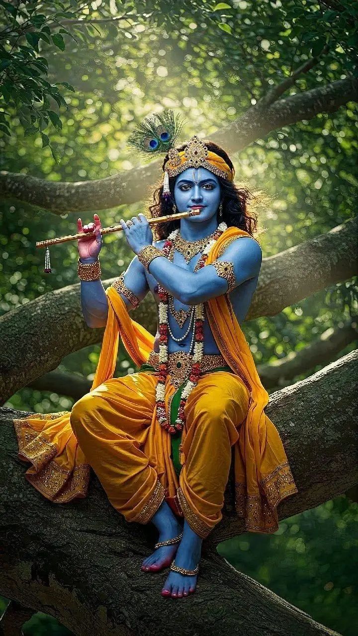 Krishna playing flute in forest