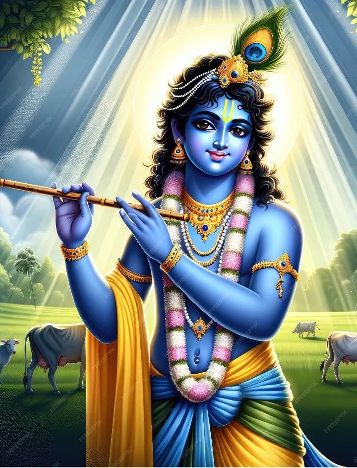 Krishna playing flute in a forest