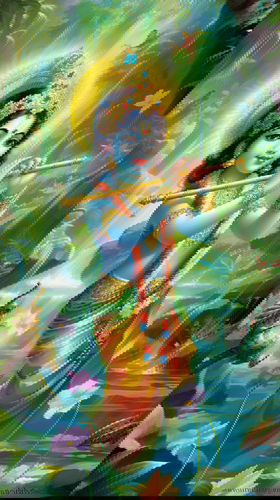 Krishna playing flute in Vrindavan forest