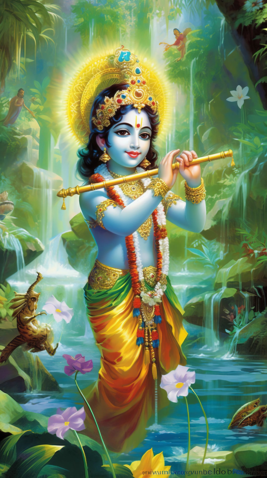Krishna playing flute in Vrindavan forest