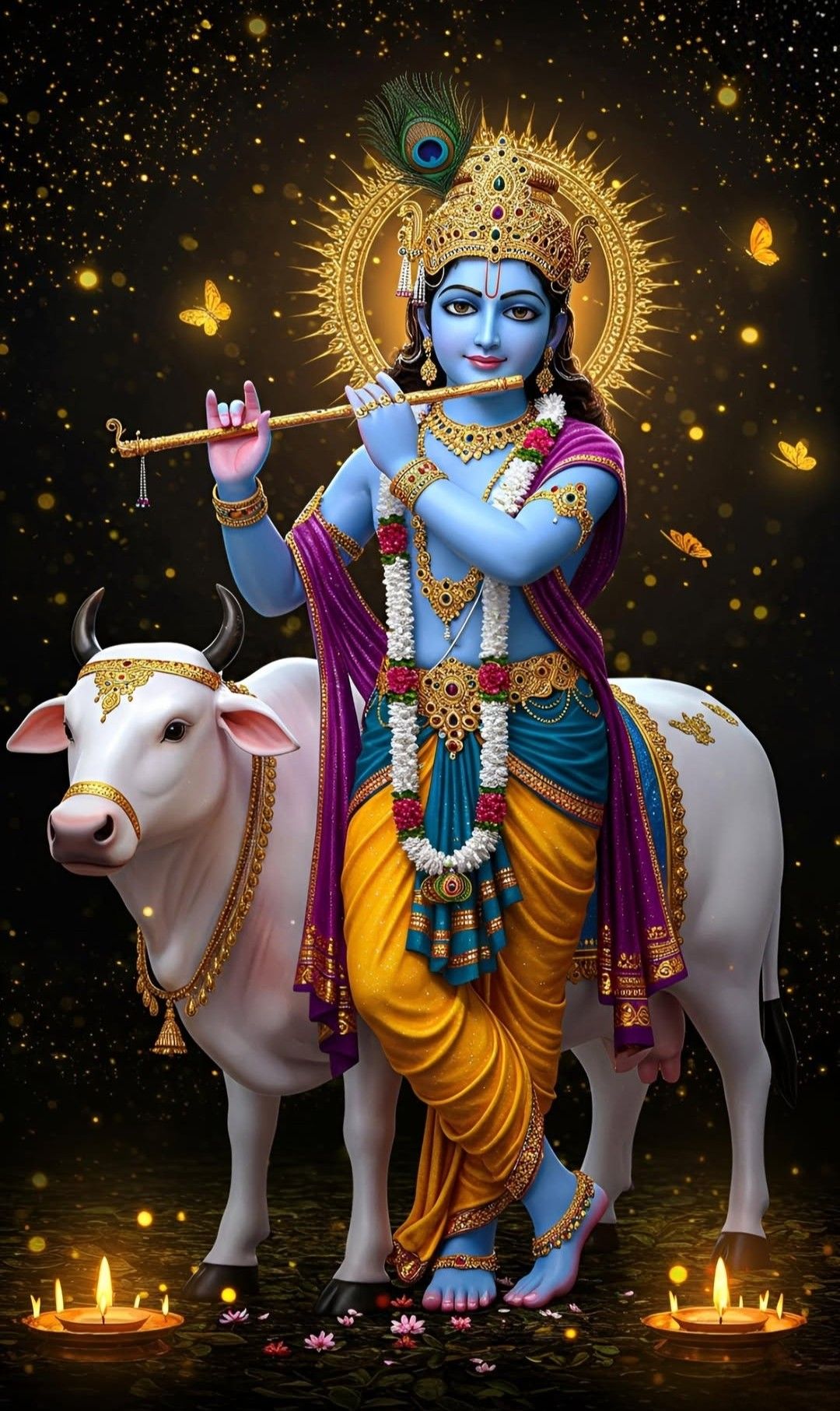 Krishna playing flute with a cow