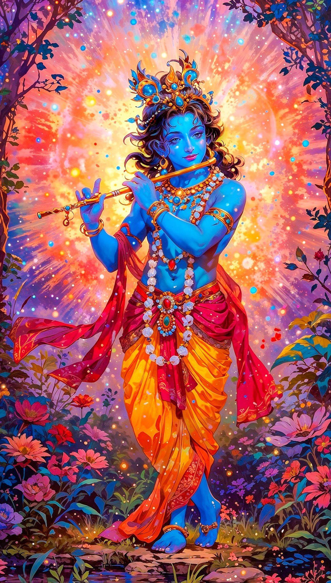 Krishna playing flute in Vrindavan