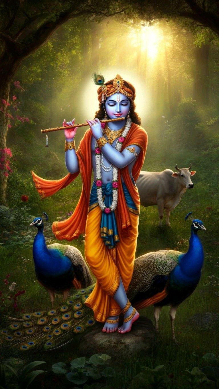 Krishna playing flute in Vrindavan forest
