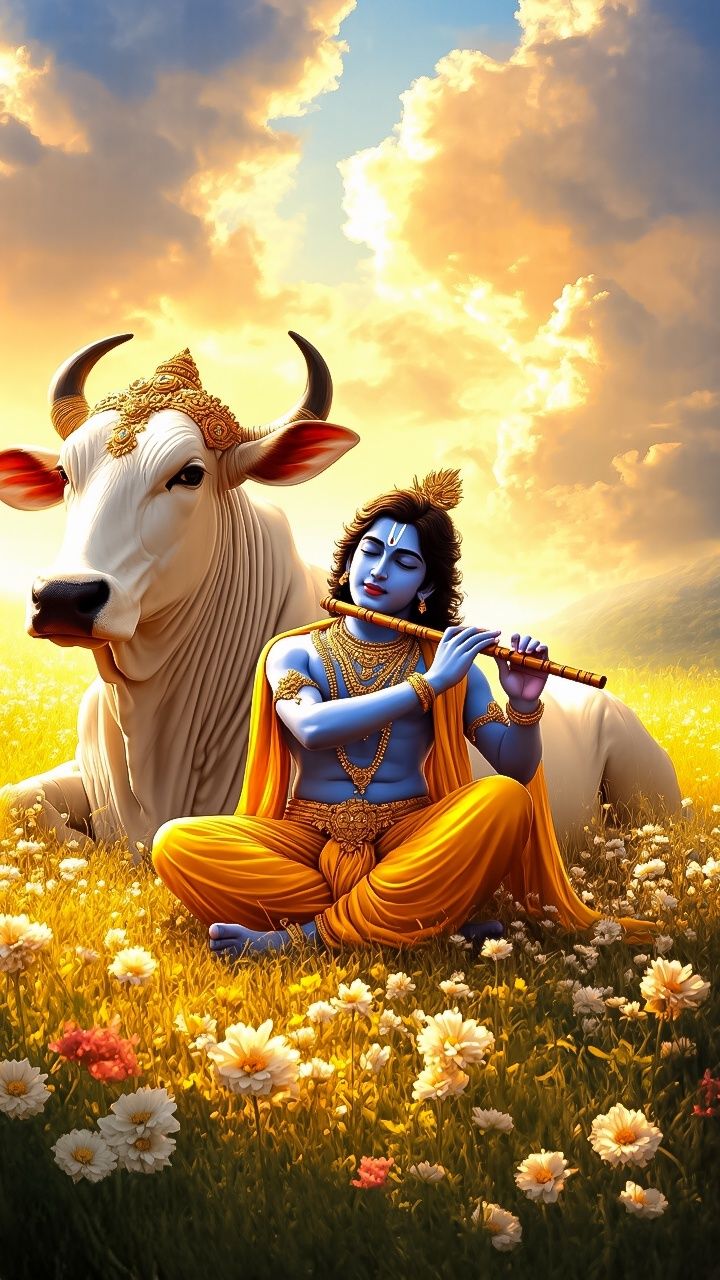 Krishna playing flute with a cow