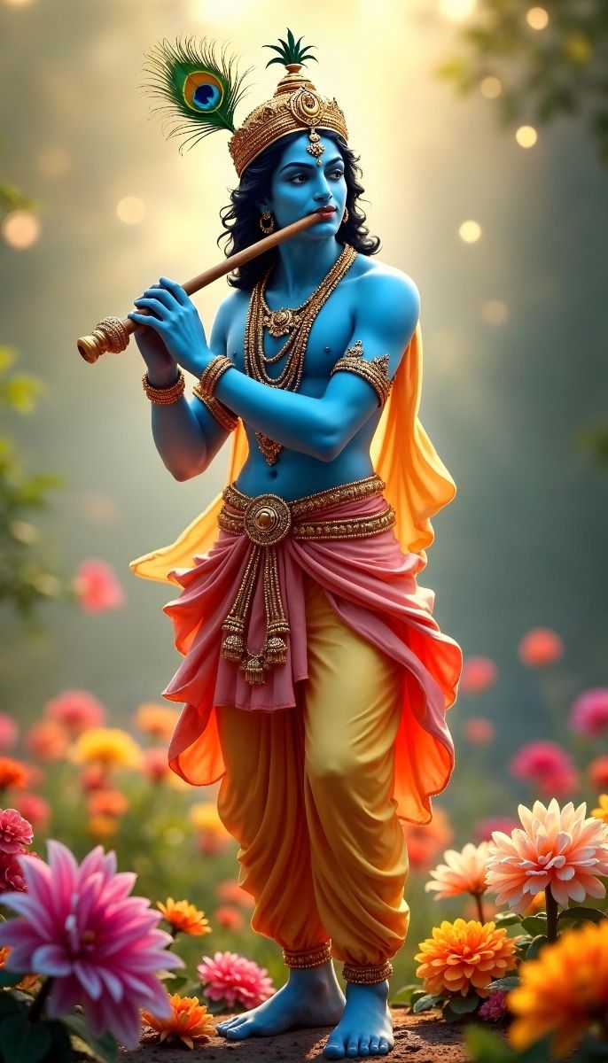 Krishna playing flute amidst flowers