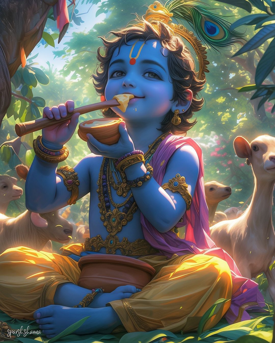 Young Krishna playing a flute in Vrindavan