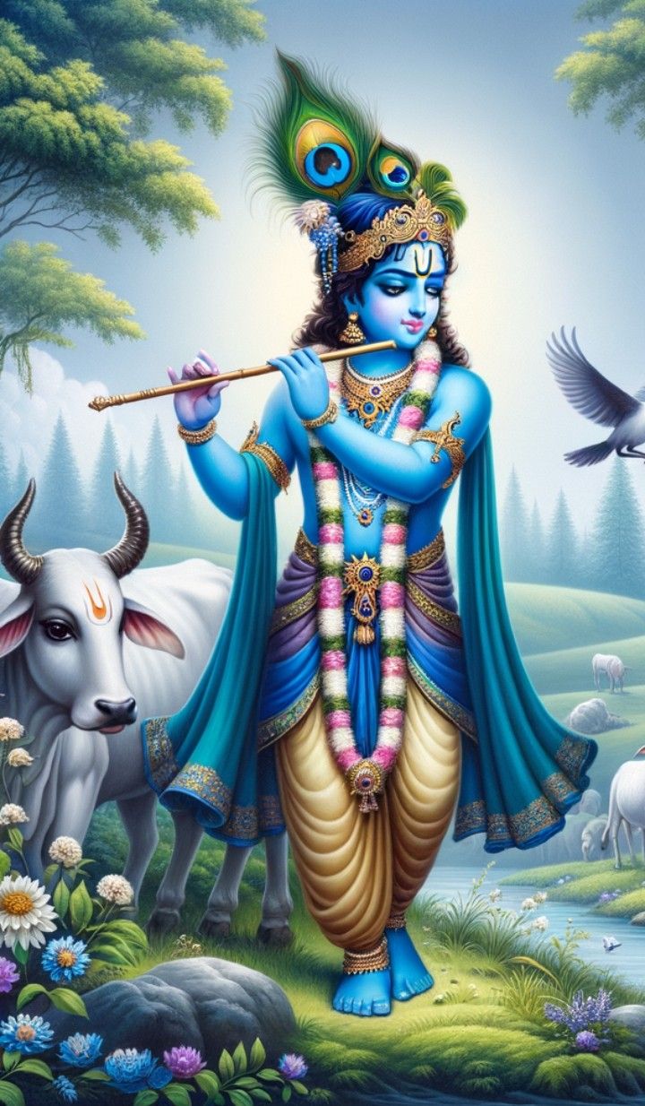 Krishna playing flute in Vrindavan forest