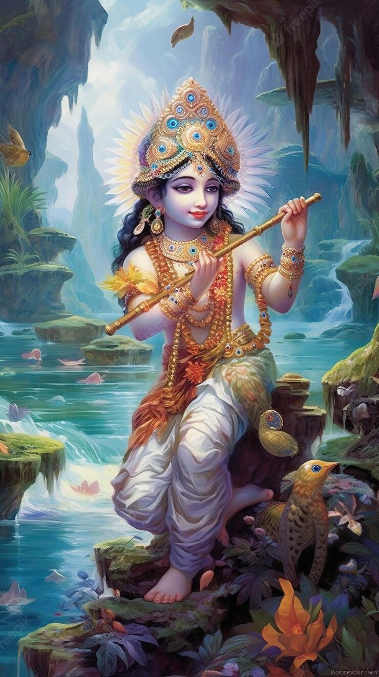 Krishna playing a flute in Vrindavan