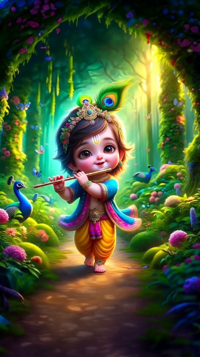 Baby Krishna playing flute in forest