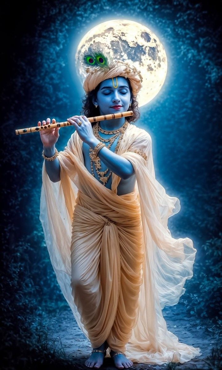 Krishna playing flute under moonlight