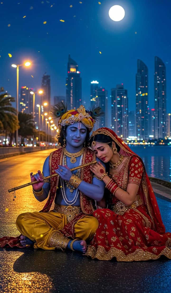 Krishna and Radha in a city night