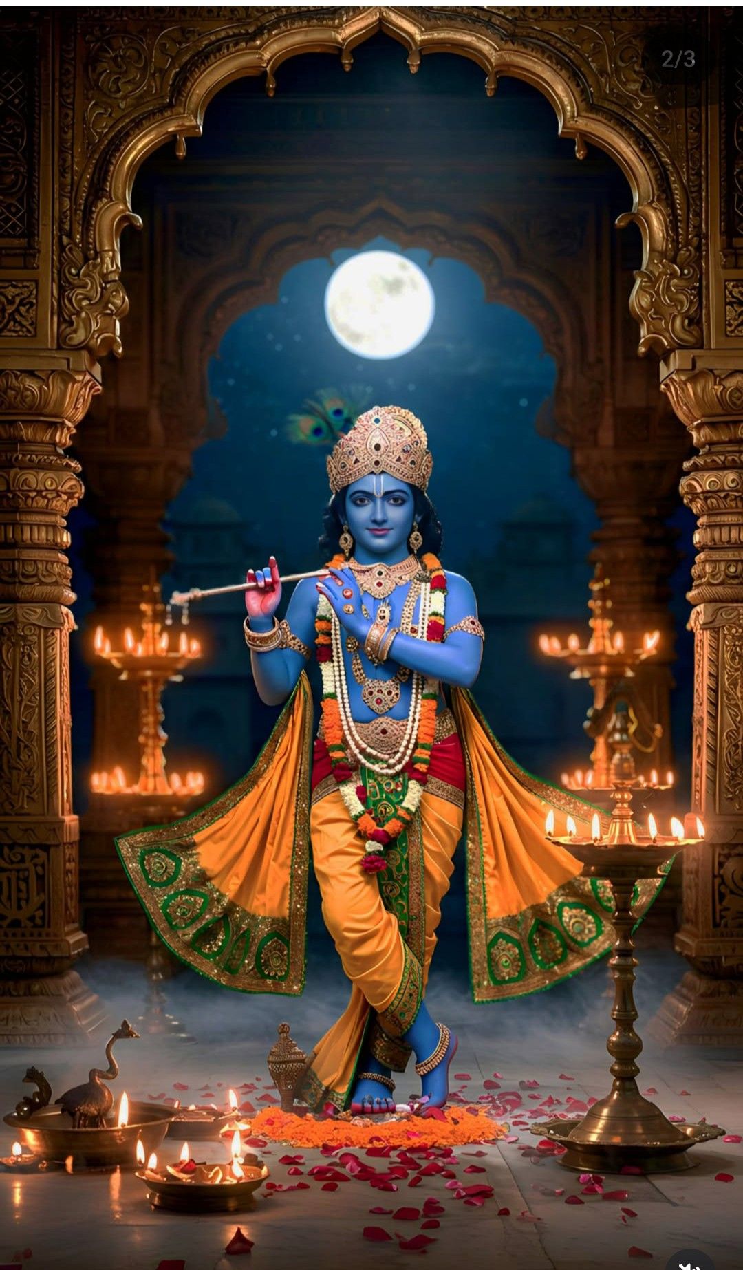Krishna playing the flute under moonlight