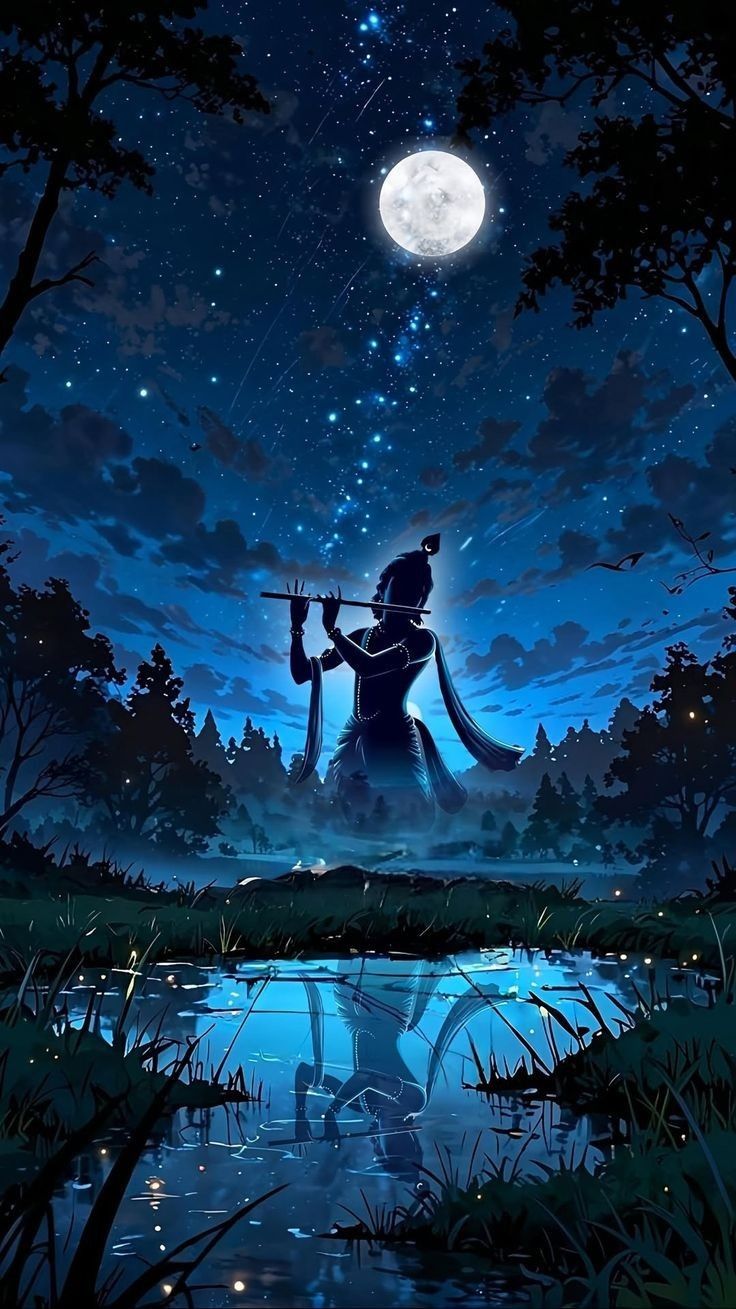 Krishna playing flute under moonlight.