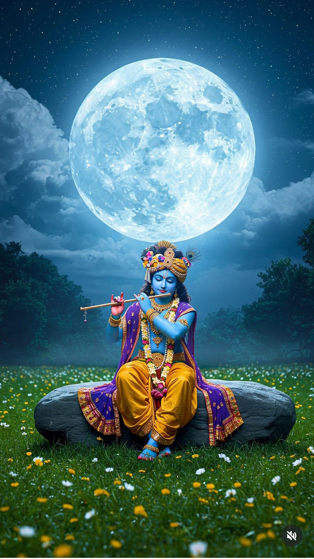 Krishna plays flute under moonlight