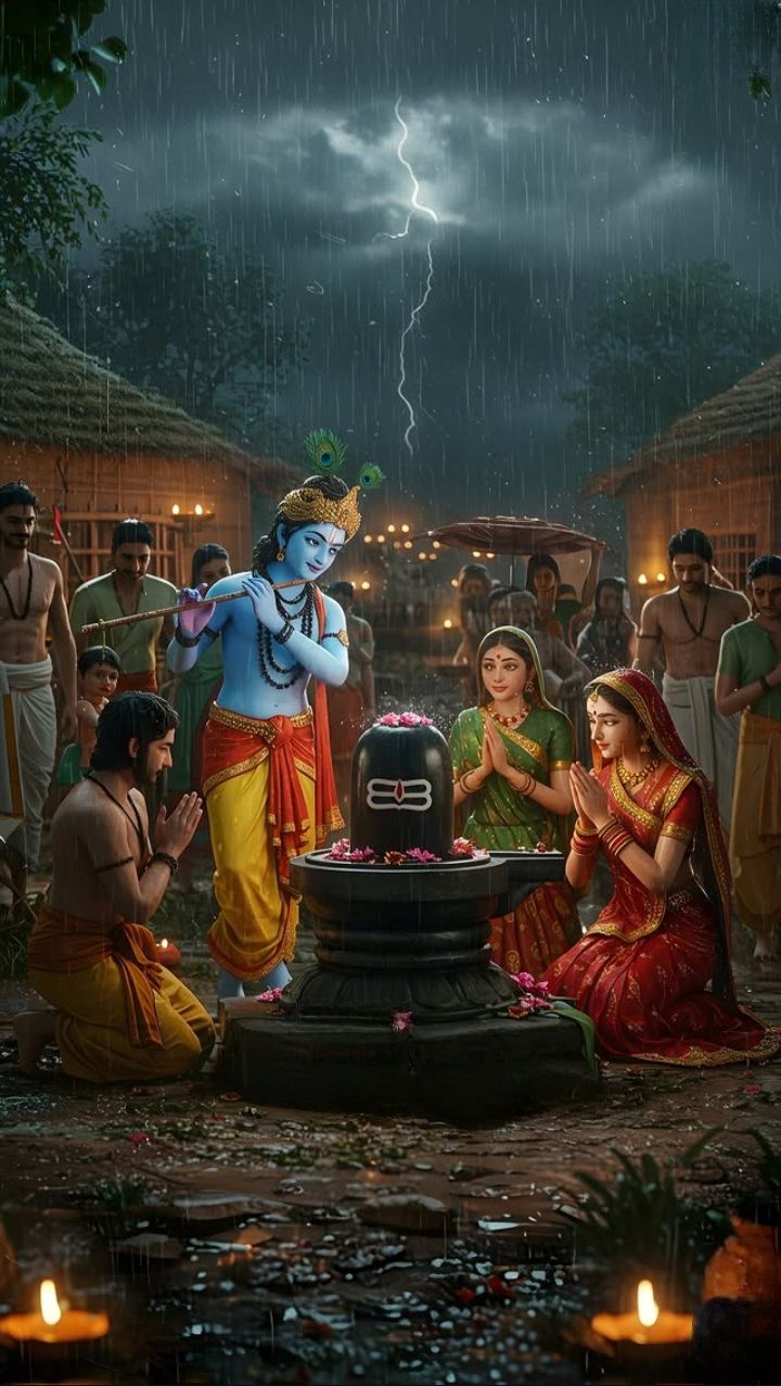 Krishna plays flute in monsoon rainfall