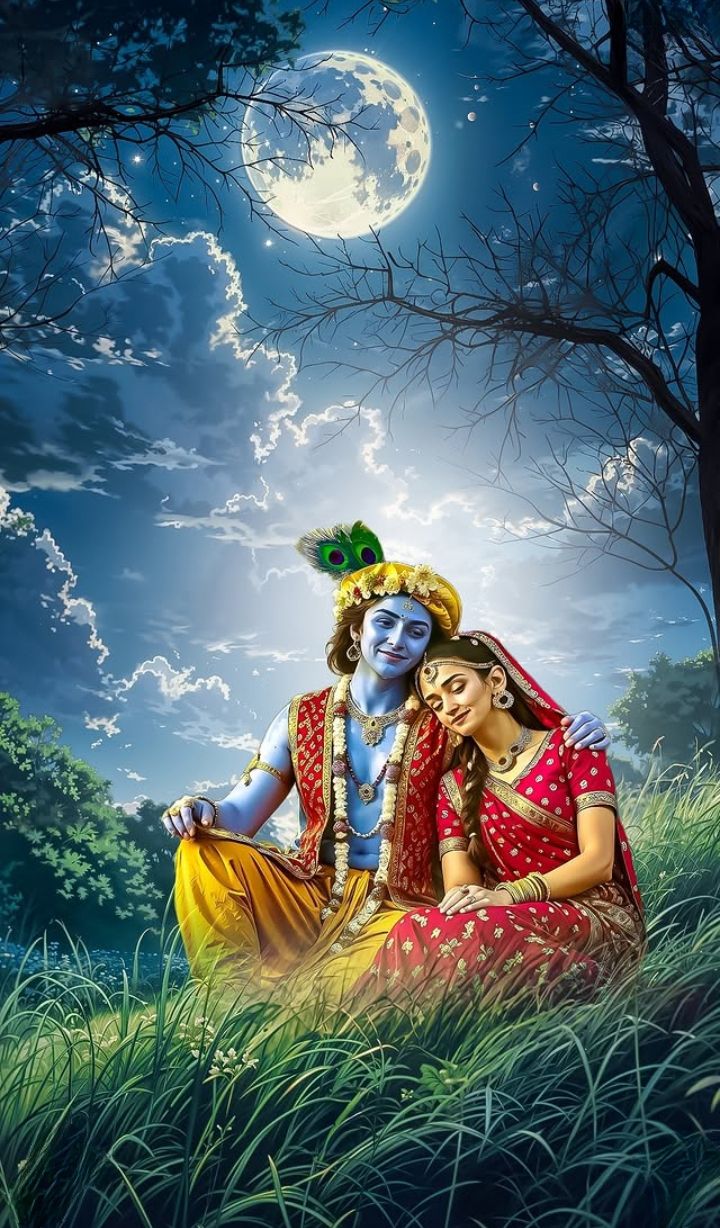 Krishna and Radha under the moonlight.