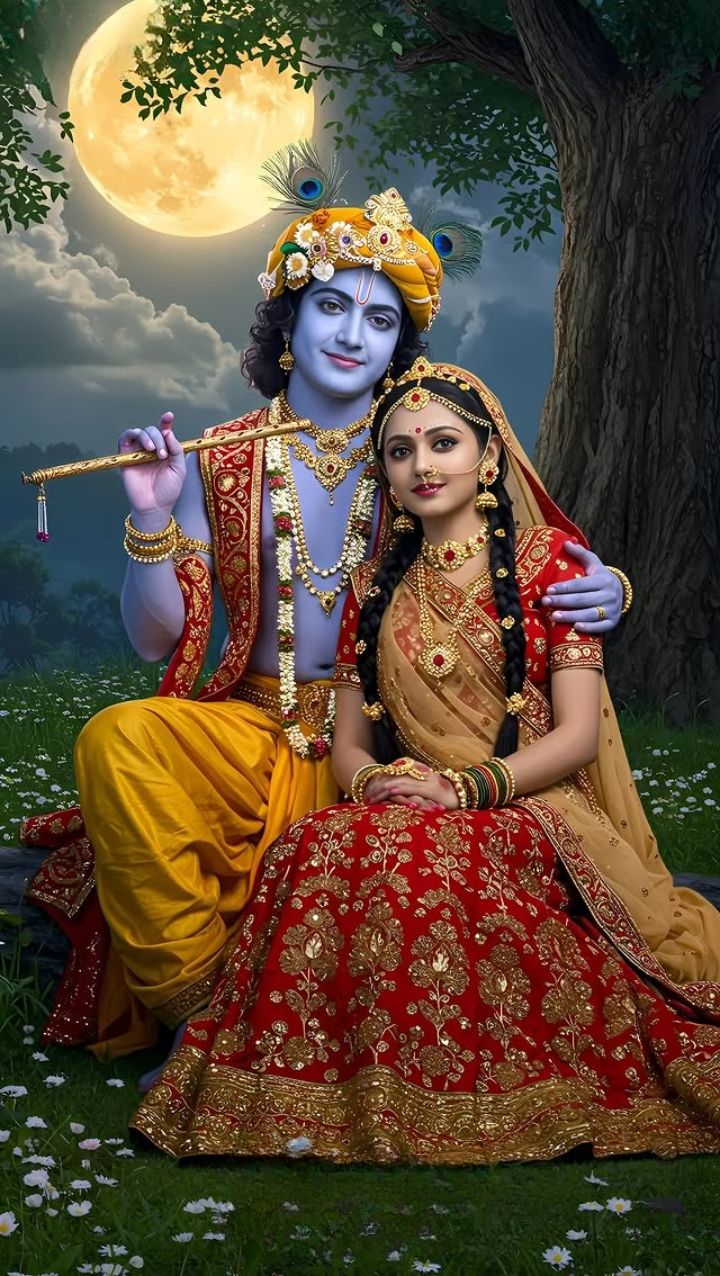 Krishna and Radha under moonlight