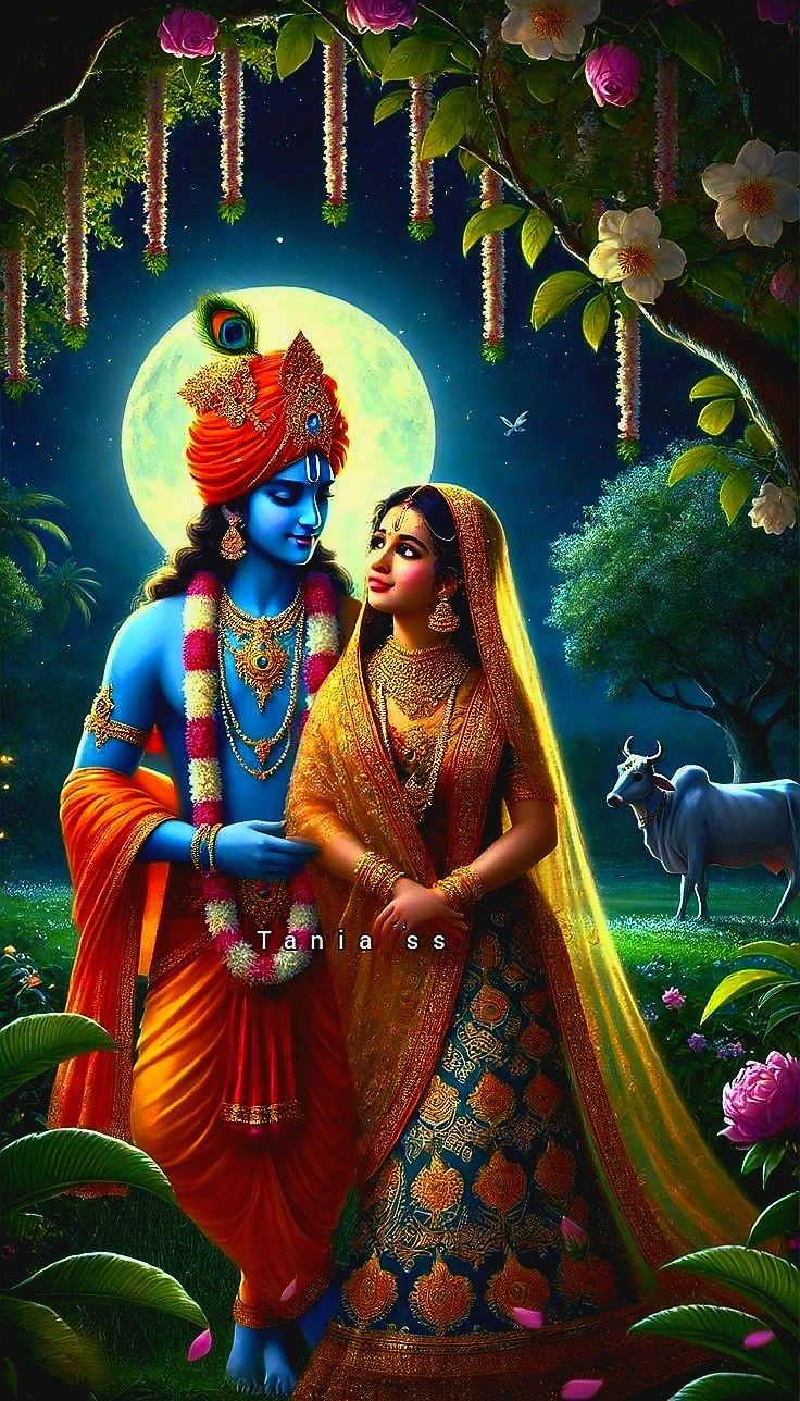 Krishna and Radha under a full moon