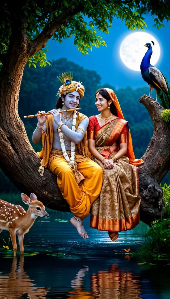 Krishna and Radha under a moonlit sky
