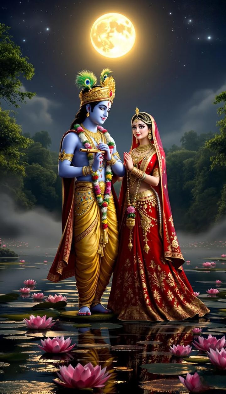 Krishna and Radha romantic moonlight scene