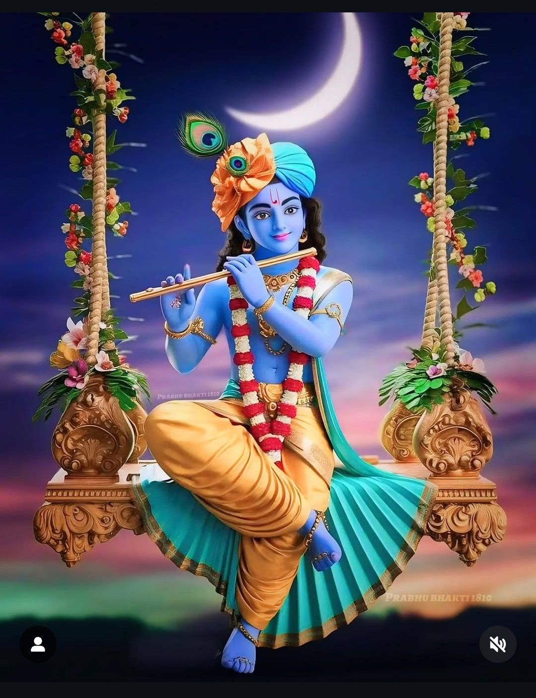 Krishna playing flute on a swing