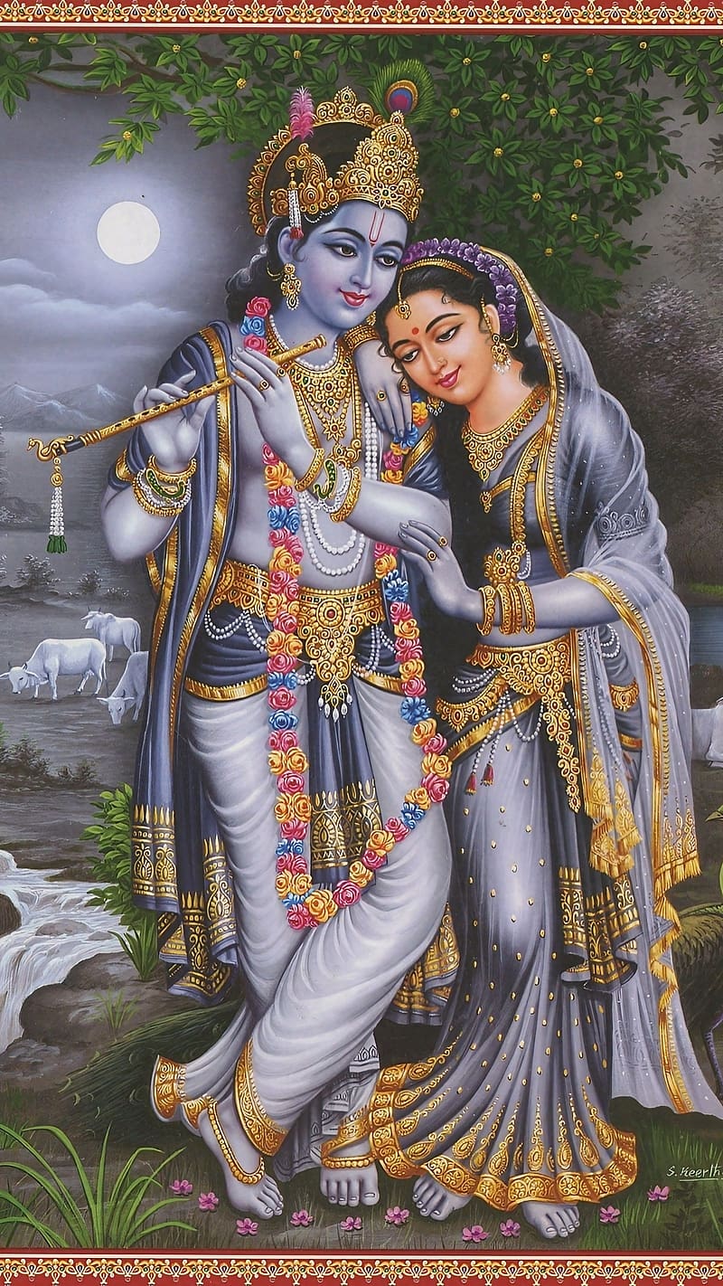 Krishna and Radha in a moonlit forest