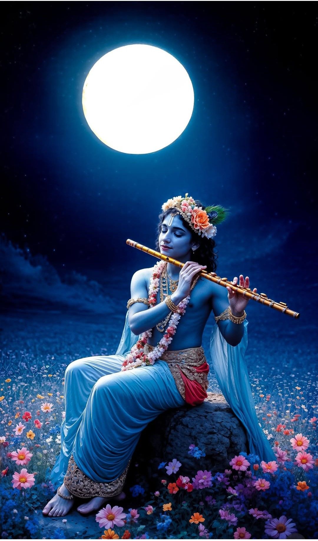 Krishna playing flute under moonlight