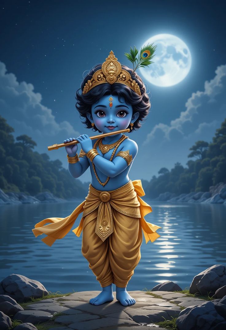 Baby Krishna playing flute under moonlight