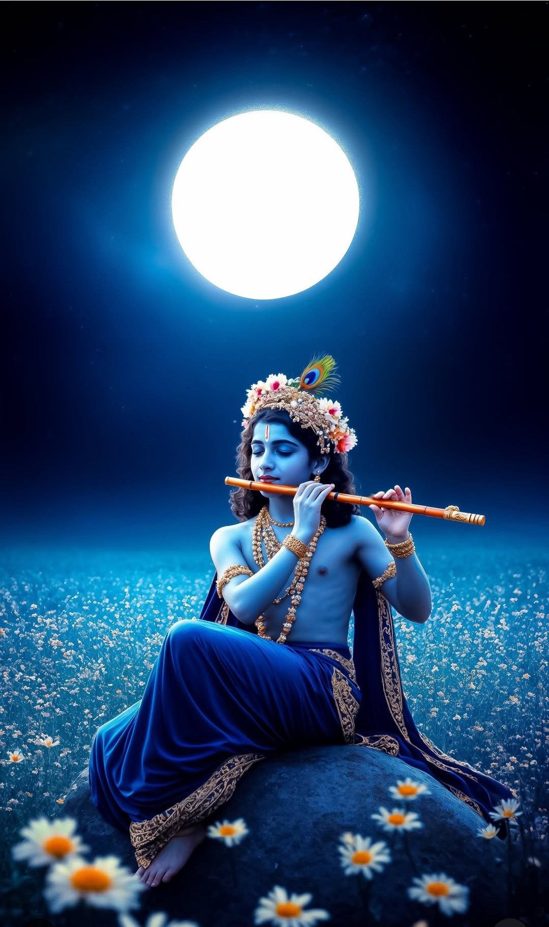 Krishna plays flute under moonlight