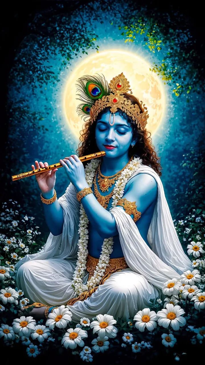 Krishna playing a flute under the moon
