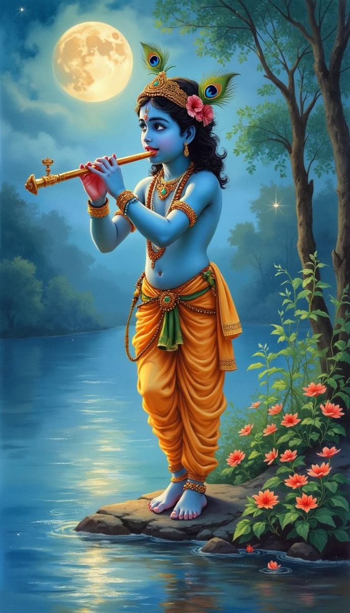 Krishna playing flute under moonlight
