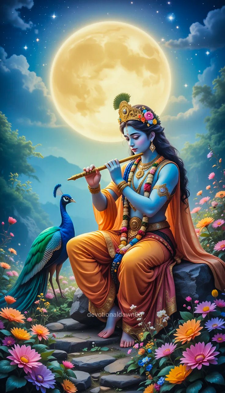 Krishna playing flute with peacock moon