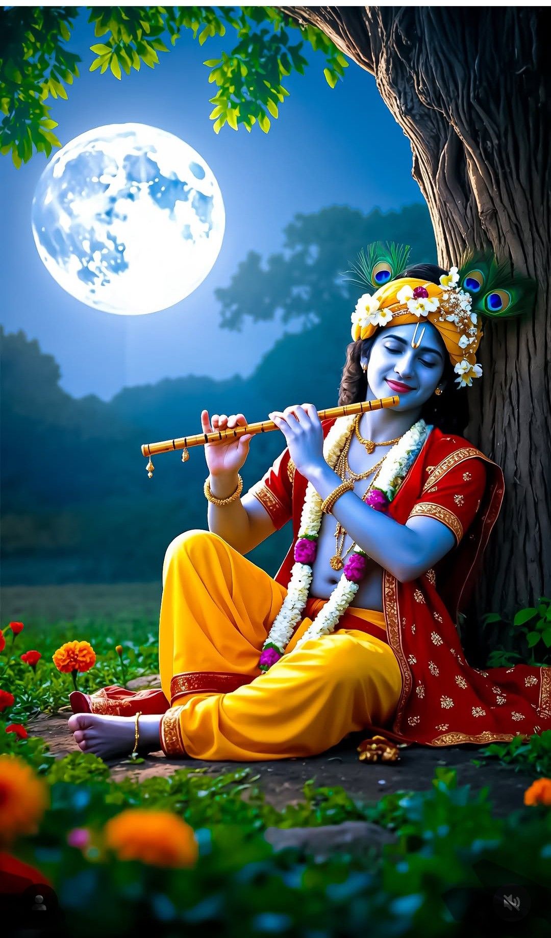 Krishna playing flute under moonlight.
