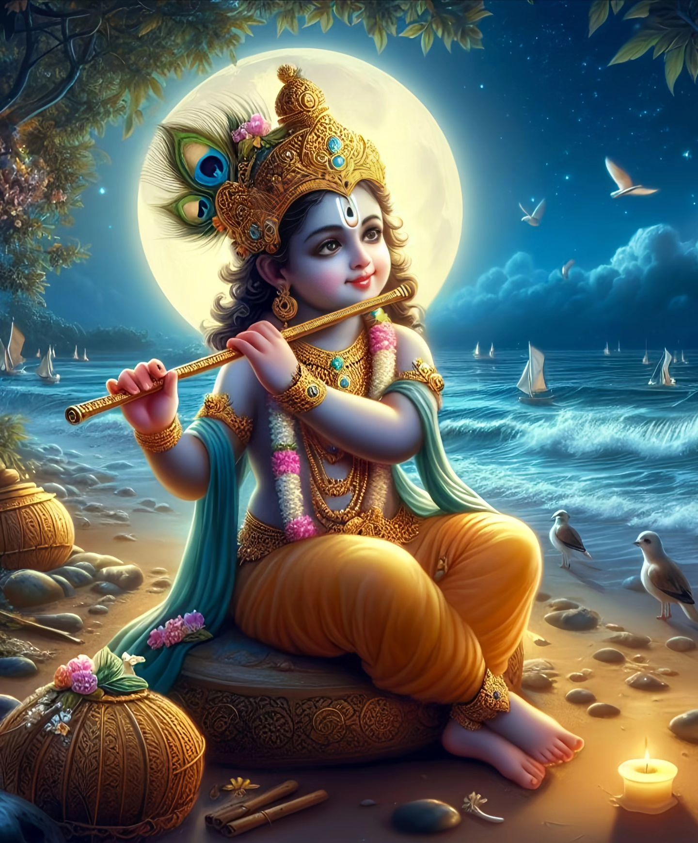 Krishna playing flute by ocean