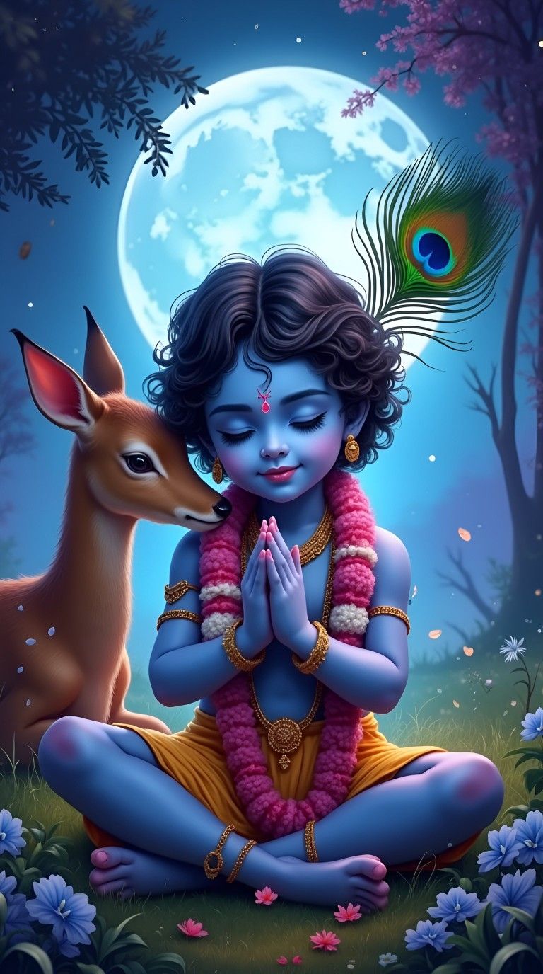 Little Krishna with deer under moon