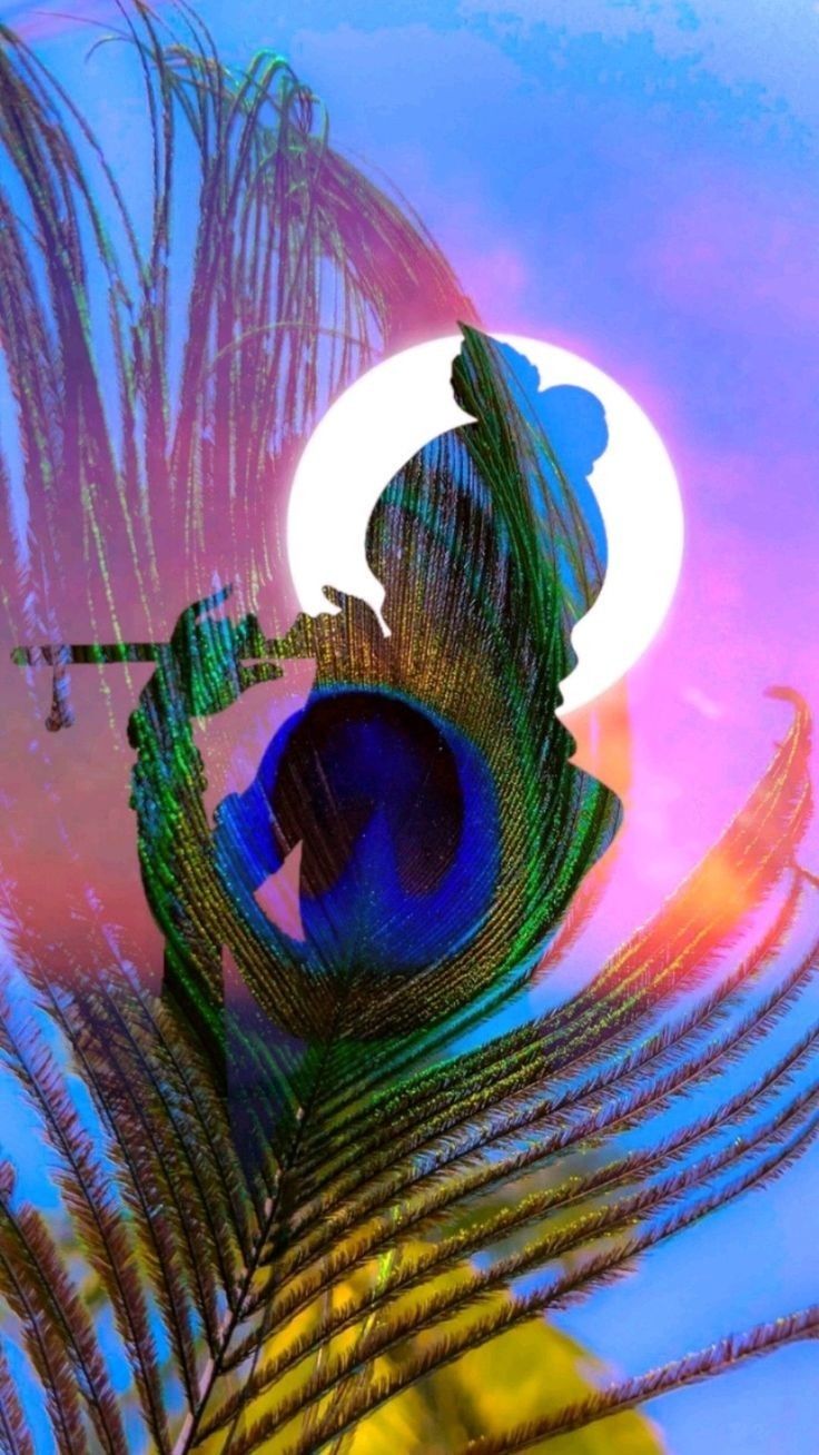 Krishna plays flute under moon sun