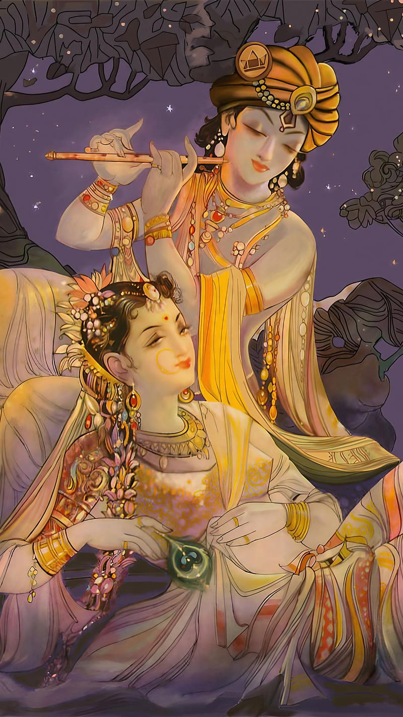 Krishna and Radha playing flute in night