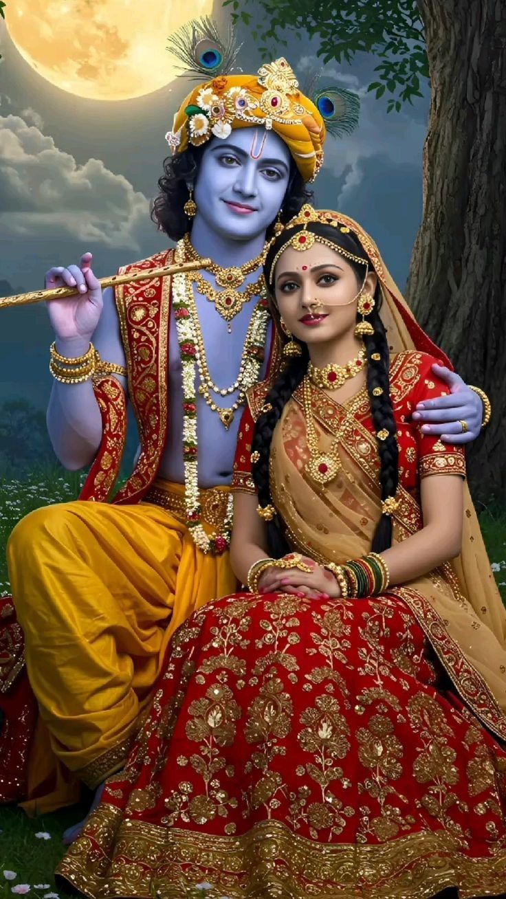 Krishna and Radha in a moonlit forest