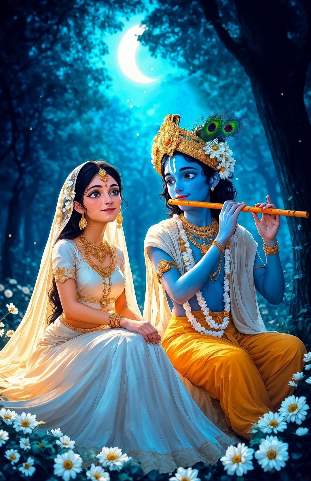 Krishna and Radha in a moonlit forest