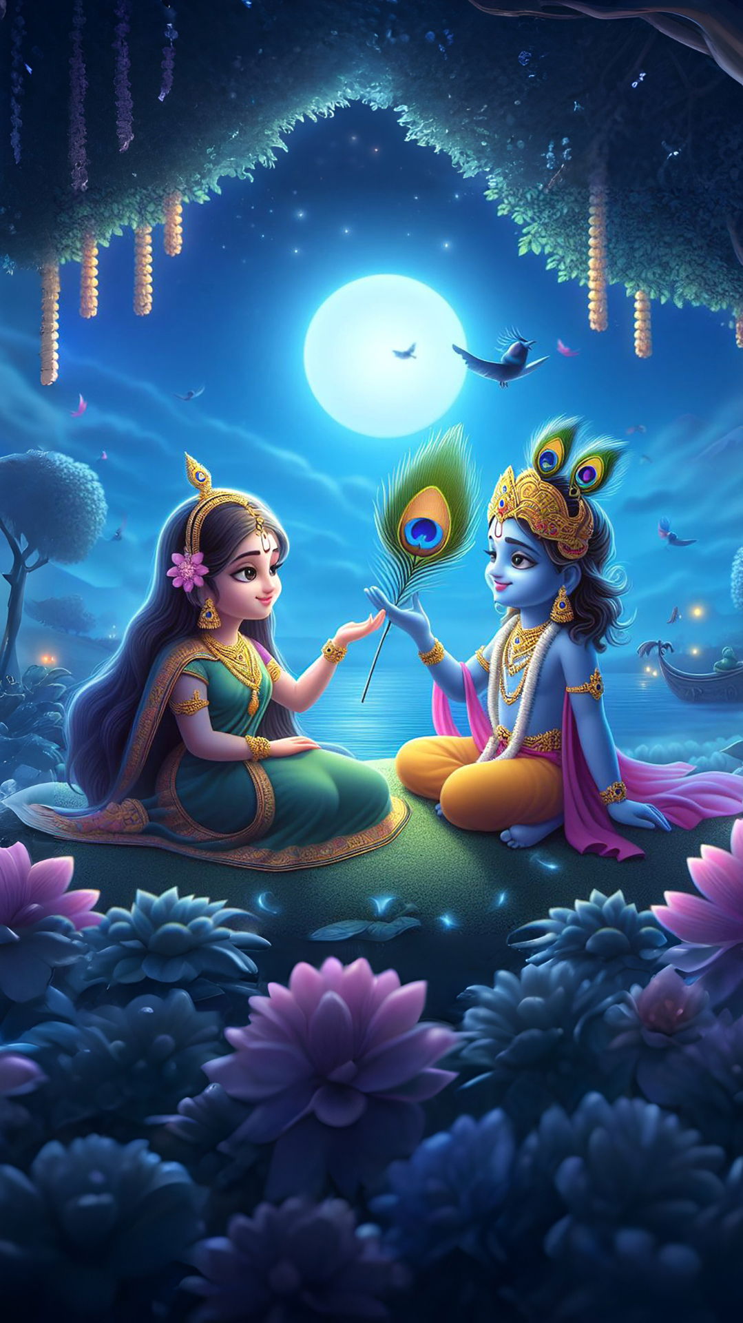Krishna and Radha under moonlight