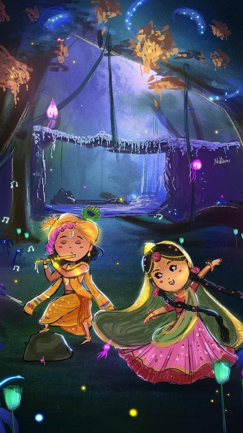 Krishna and Radha playing flute in forest