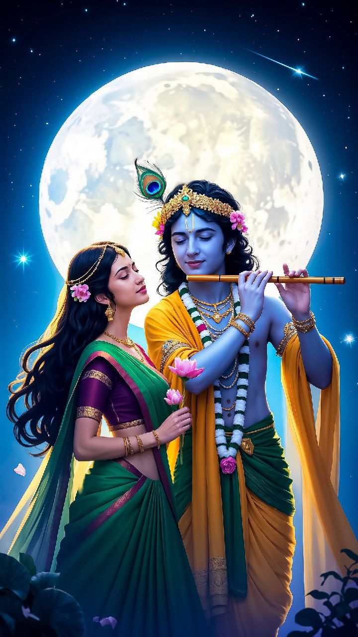 Krishna and Radha playing flute under moonlight