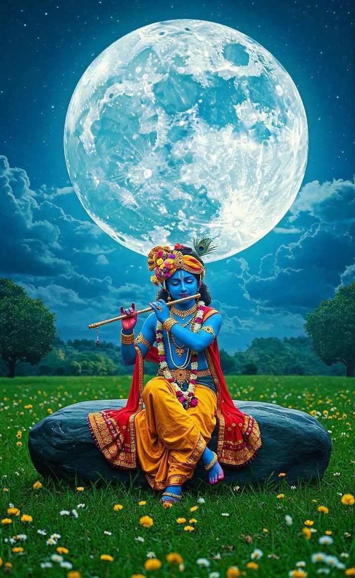 Krishna playing flute under full moon